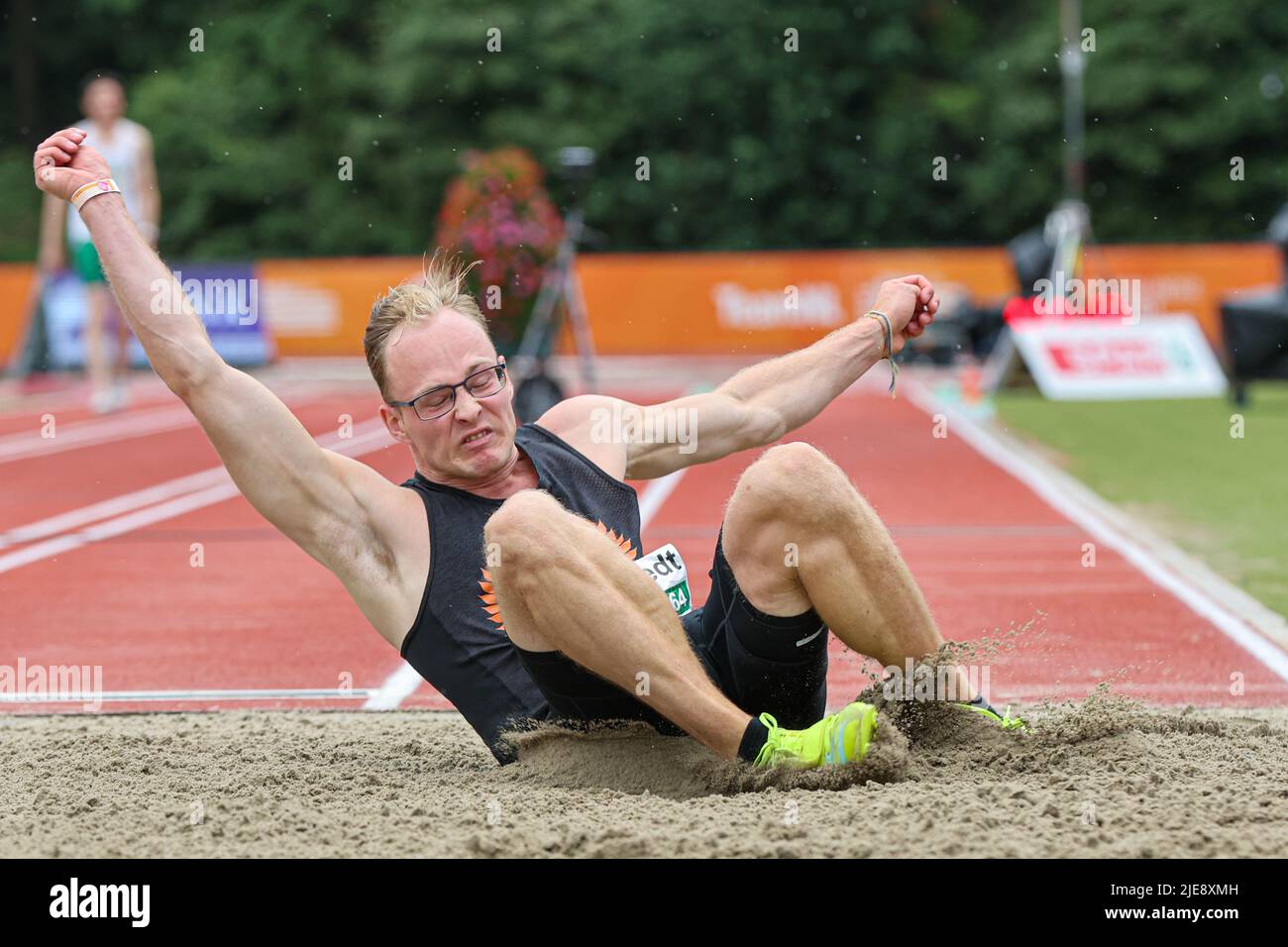 APELDOORN, NETHERLANDS - JUNE 26: Daan Hoomoedt of The Netherlands  competing in the Men's triple jump of the ASICS NK Atletiek 2022 - Day 3 at  AV '34 on June 26, 2022