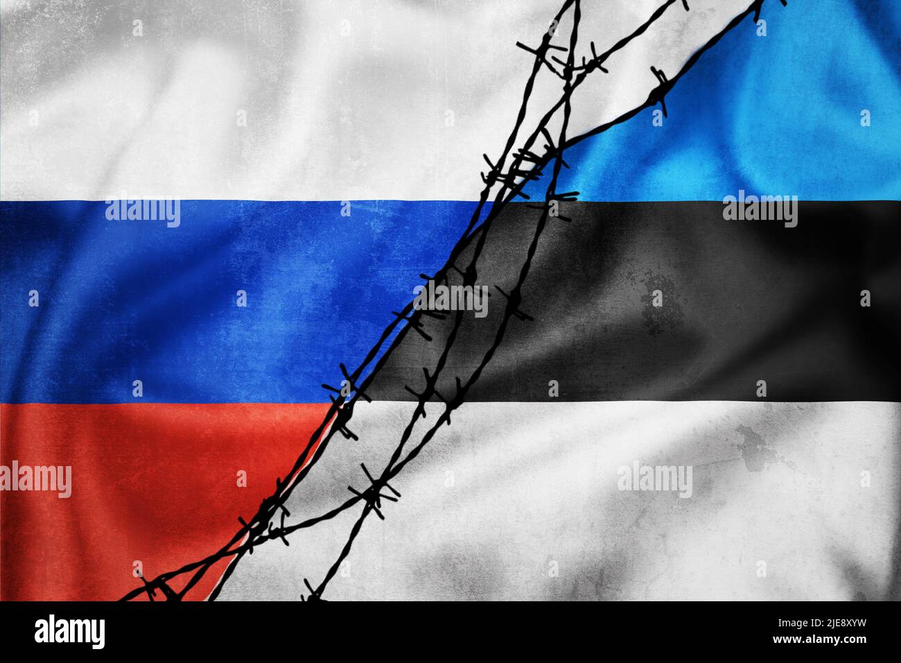 Grunge flags of Russian Federation and Estonia divided by barb wire illustration, concept of tense relations between west and Russia Stock Photo