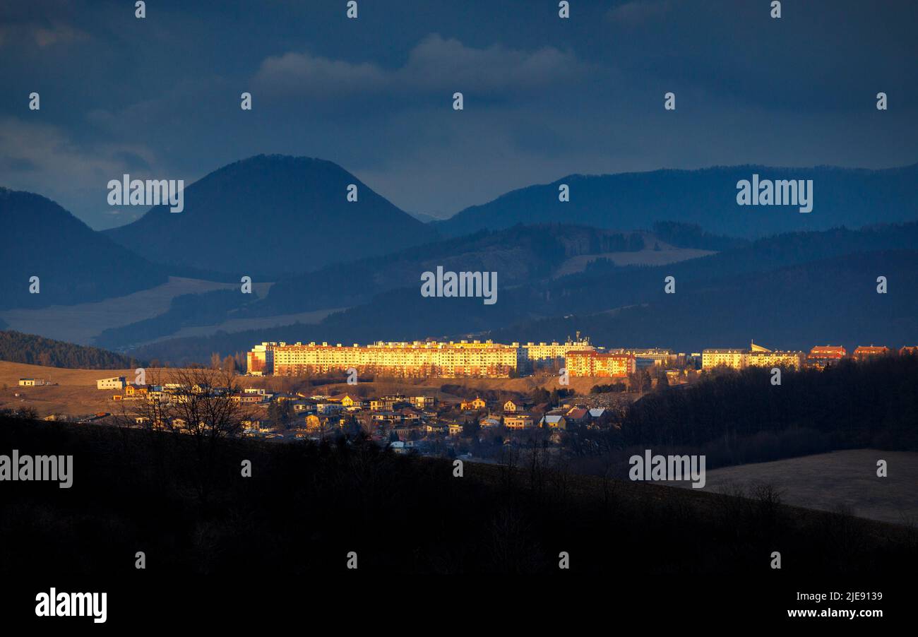 Housing estate of Hajik in the outskirts of Zilina town with surrounding countryside at sunset, Slovakia, Europe. Stock Photo