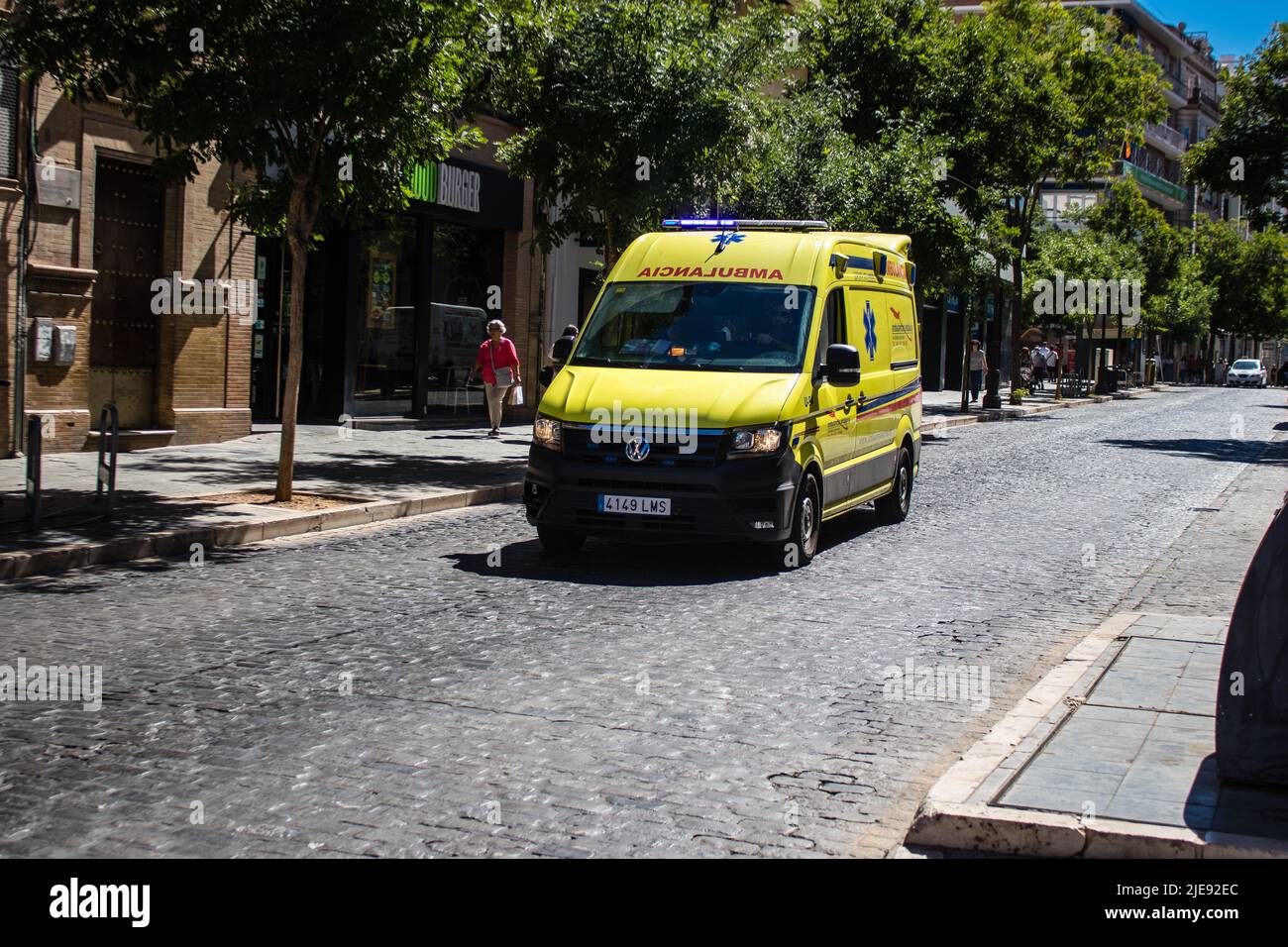 Seville, Spain June 25, 2022 Ambulance rolling in the streets of