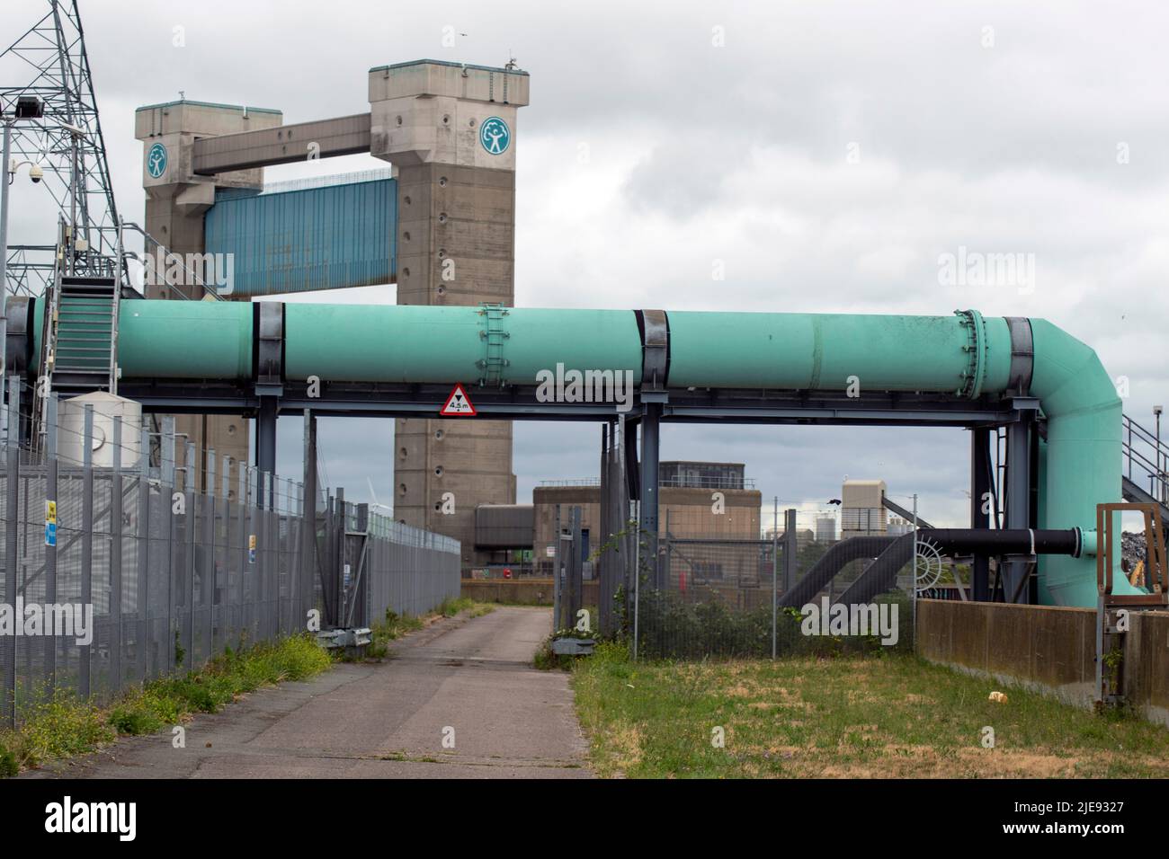 Overhead sewage treatment pipes beside the River Thames, Beckton Sewage