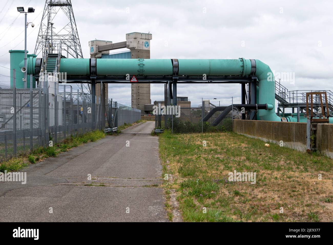 Overhead sewage treatment pipes beside the River Thames, Beckton Sewage