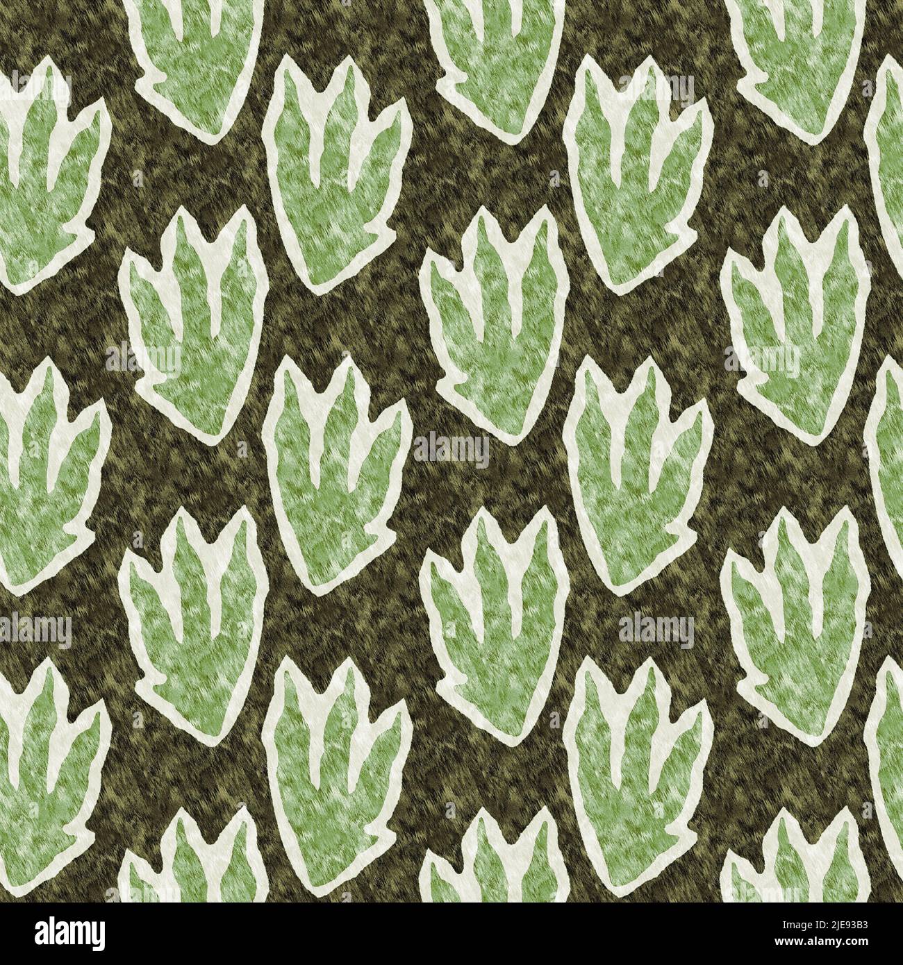 Green hand drawn dinosaur foot print seamless pattern. Gender Neutral