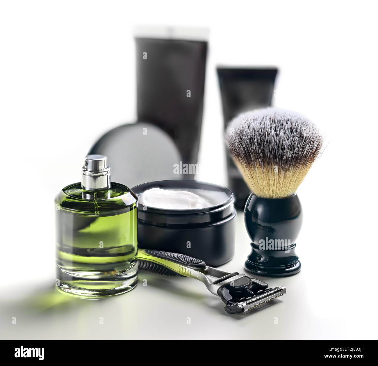 Shaving accessories set on a clean white background mockup Stock Photo