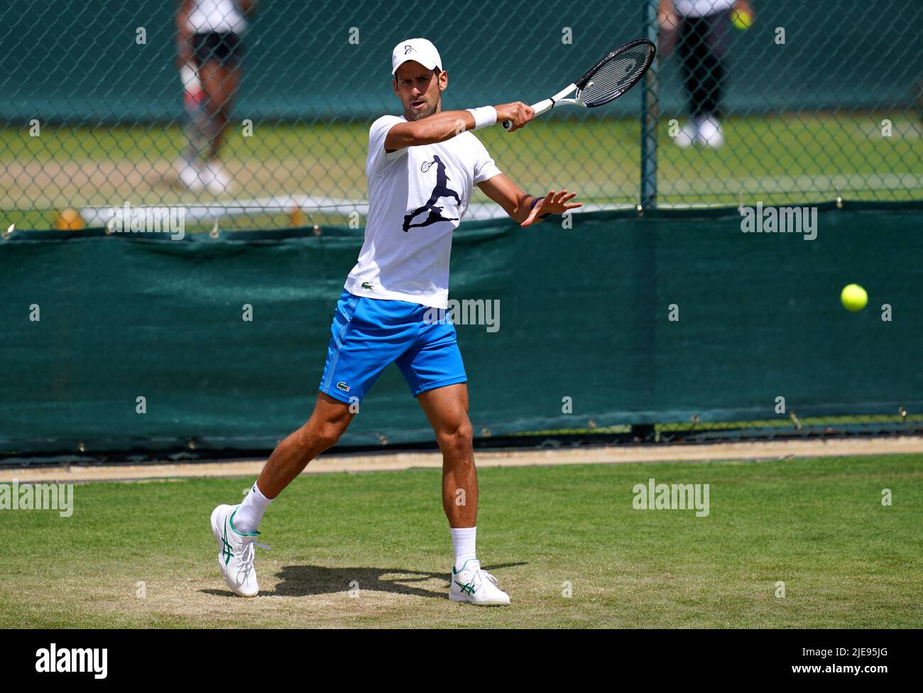 Novak Djokovic during a practice session ahead of the 2022 Wimbledon Championship at the All
