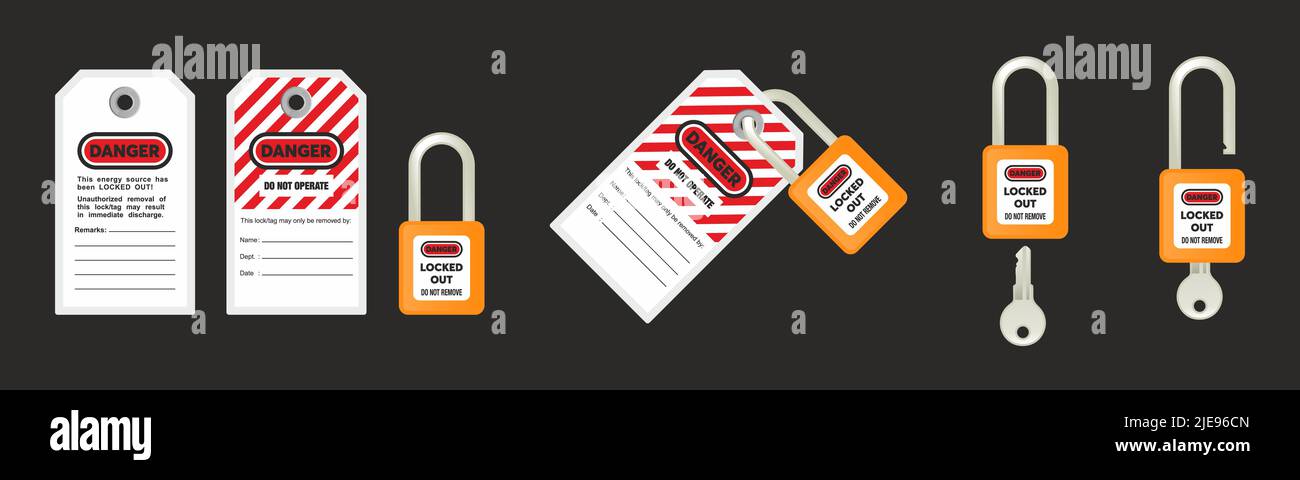 Lock out, tag out with a danger tag vector illustration. Danger and do not operate warning. Machine and electrical system and safety equipment. Isolat Stock Vector