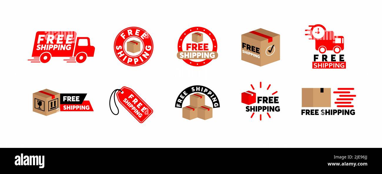 Free shipping service logo badge set. Free shipping order icon vector set. Ten different label designs. Stock Vector