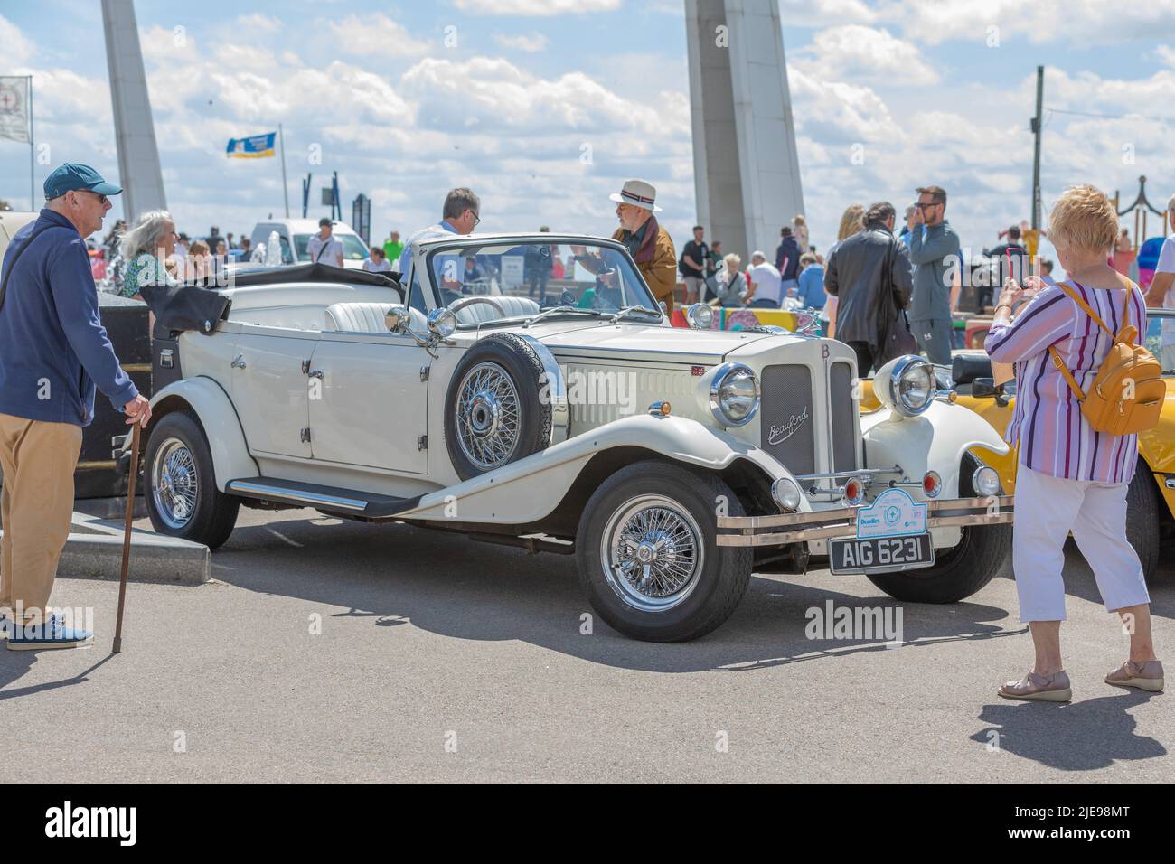 Southend on sea, UK. 26th June, 2022. Classic and vintage cars on display at the City Beach promenade in Southend. The cars and drivers have taken part in the 27th annual London to Southend classic vehicle run. Penelope Barritt/Alamy Live News Stock Photo