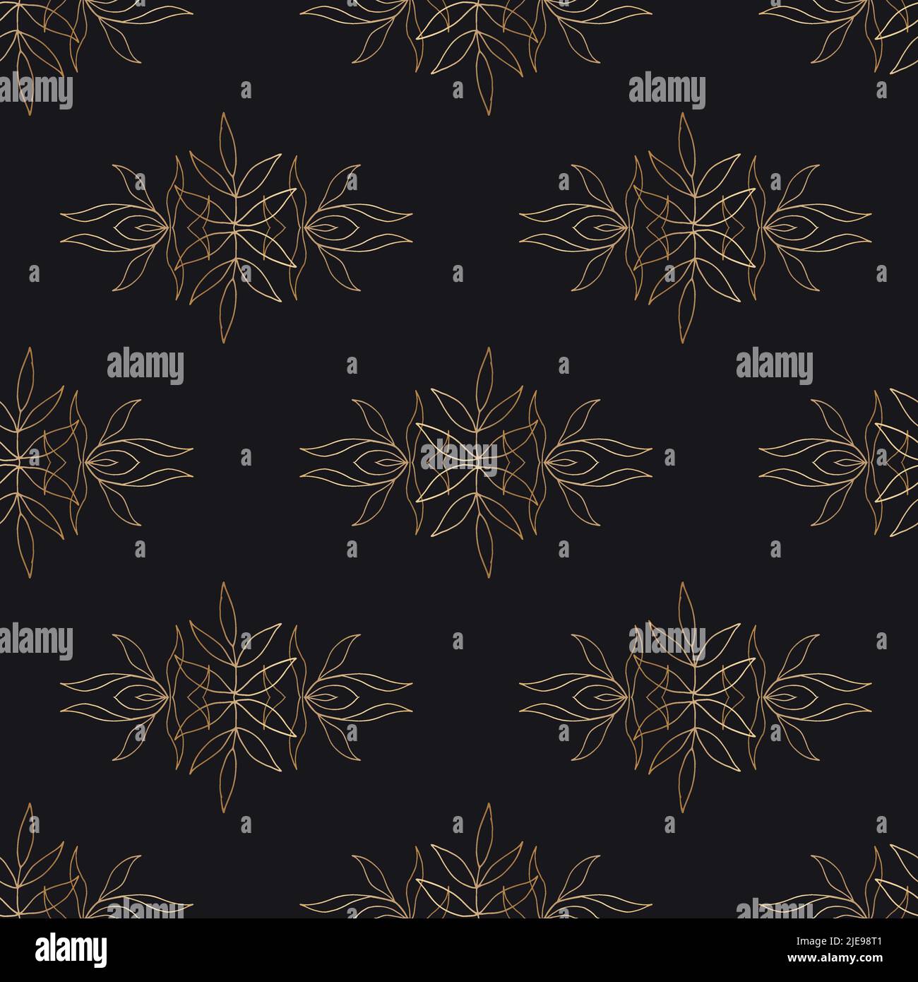 Vector seamless pattern. Golden outline leaves on black background ...