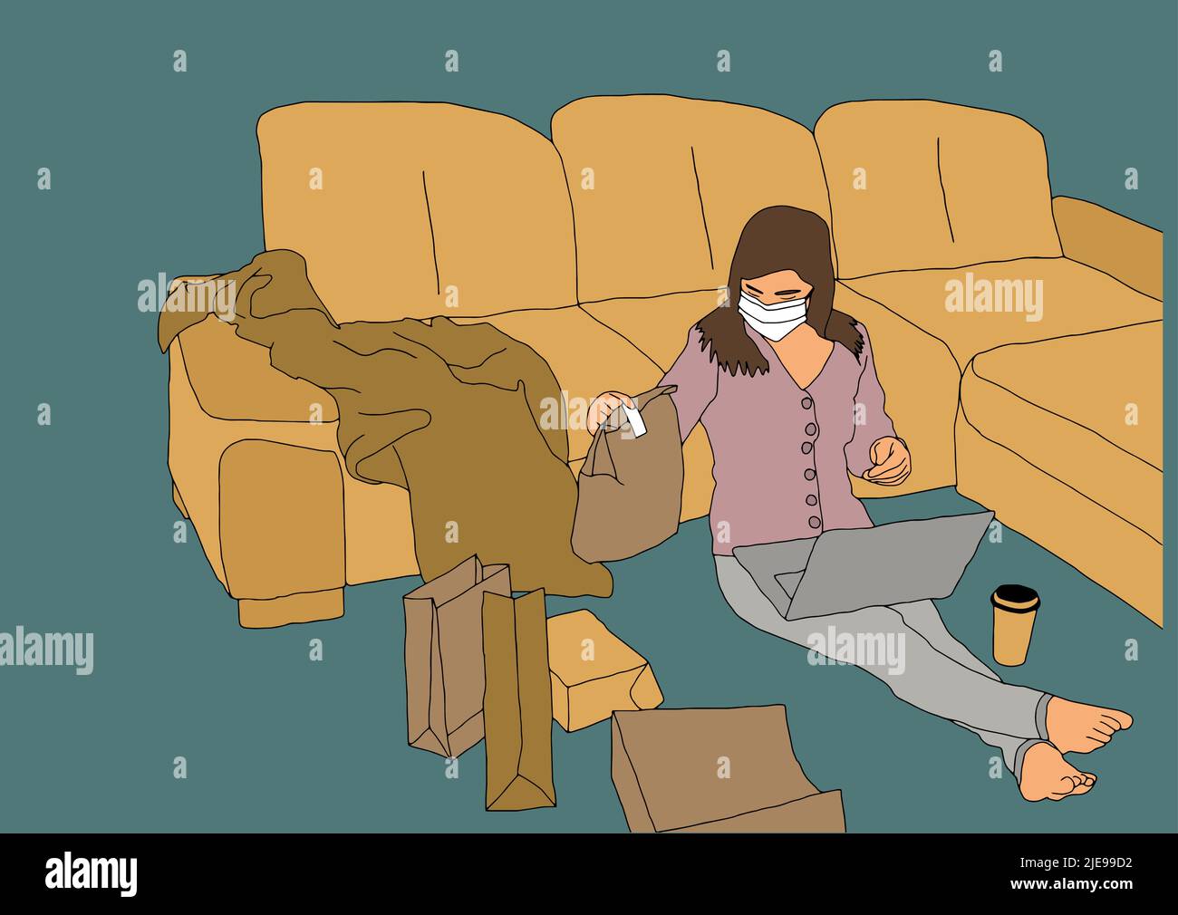 Cheerful woman using Smartphone while sitting in an elegant pose on yellow comfortable sofa. Lifestyle concept. Vector illustration Stock Vector