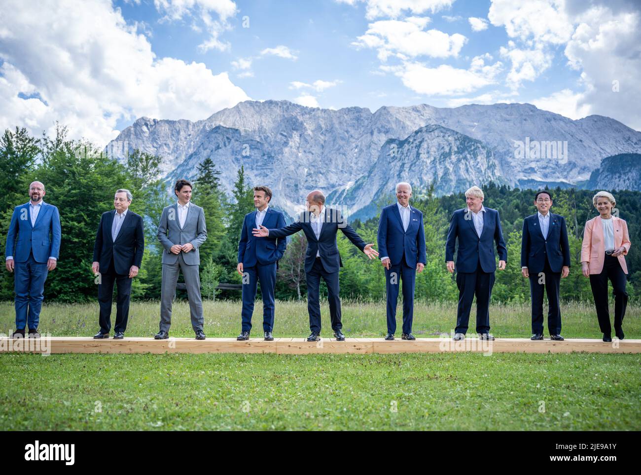 26 June 2022, Bavaria, Elmau: Charles Michel (l-r), President of the European Council, Mario Draghi, Prime Minister of Italy, Justin Trudeau, Prime Minister of Canada, Emmanuel Macron, President of France, German Chancellor Olaf Scholz (SPD), Joe Biden, President of the United States, Boris Johnson, Prime Minister of the United Kingdom, Fumio Kishida, Prime Minister of Japan, and Ursula von der Leyen, President of the European Commission (EU), stand together for the family photo during the G7 Summit at Schloss Elmau. Germany is hosting the G7 summit of economically strong democracies from Jun Stock Photo