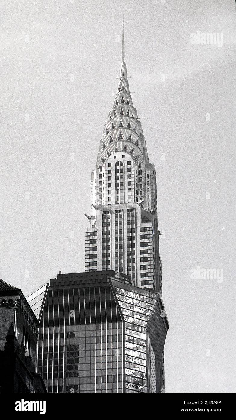 1980s, exterior view of the Chrysler Building, an Art Deco skscraper