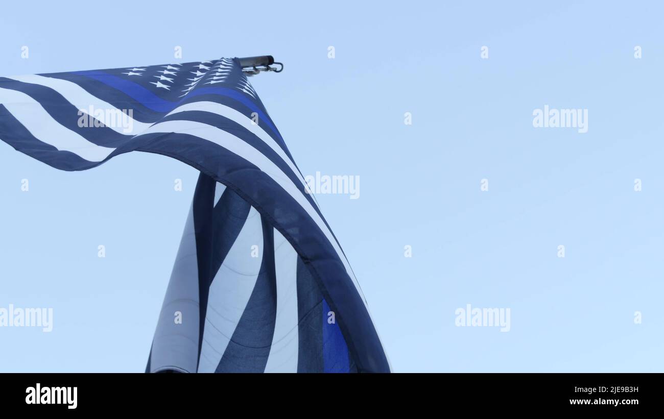 Black white american monochrome flag with blue stripe or line, police