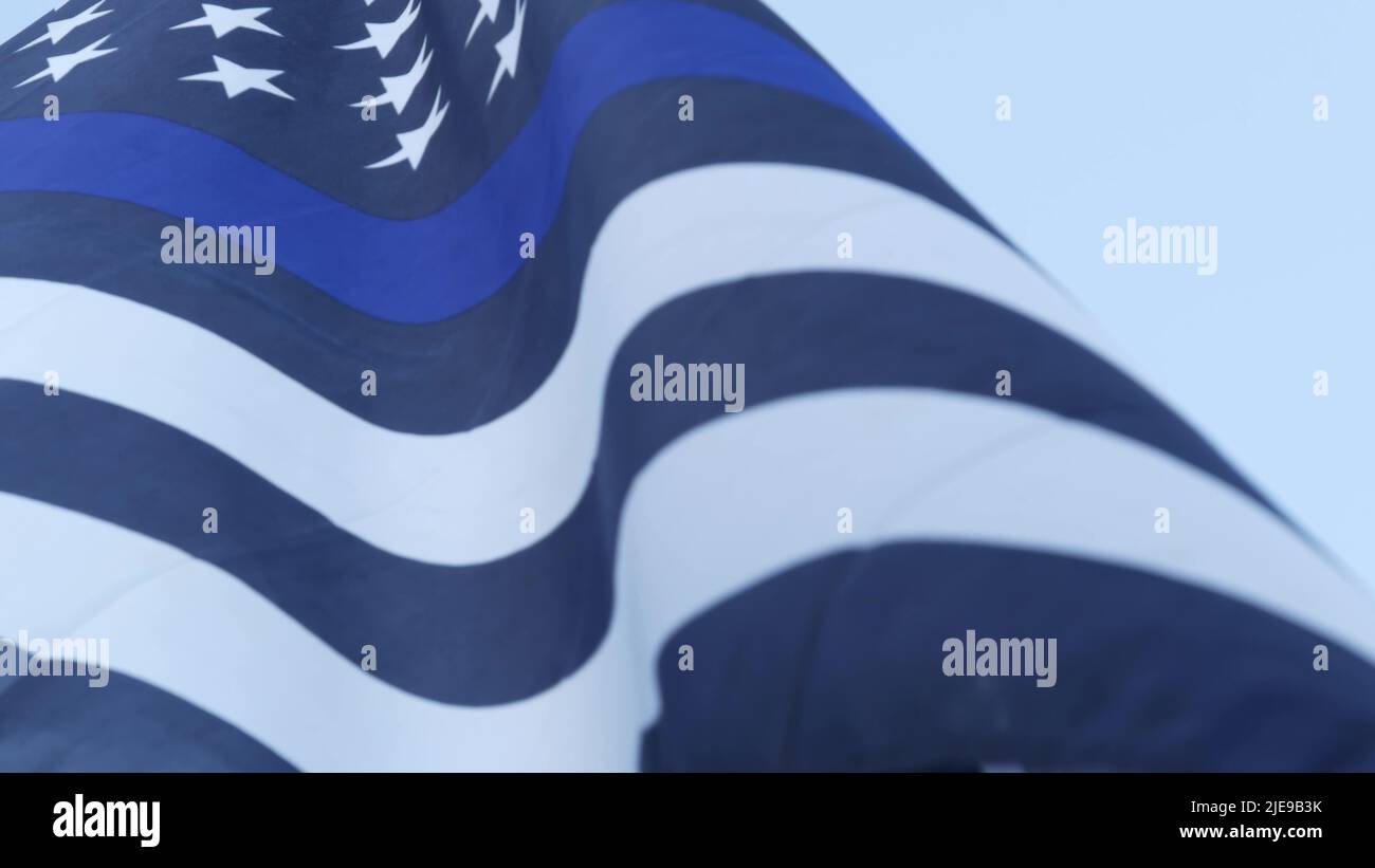 Black white american monochrome flag with blue stripe or line, police