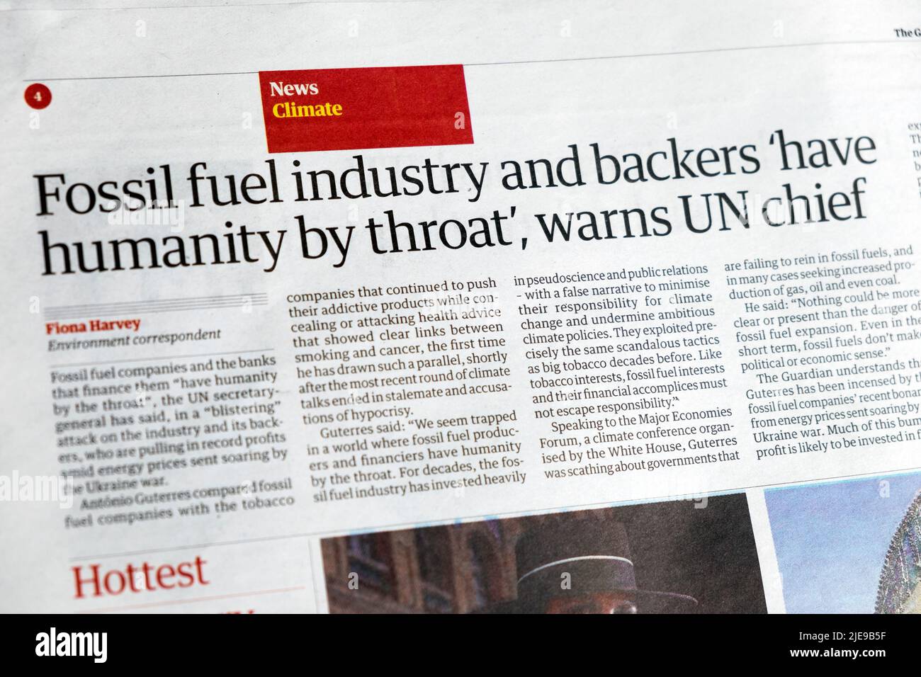 'Fossil fuel industry and backers 'have humanity by throat', warns UN chief'  Guardian UN energy newspaper headline 17 June 2022 London UK Stock Photo