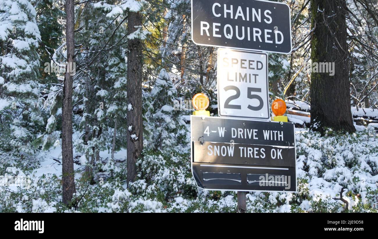 Chains or snow tires required traffic sign, mountains winter highway