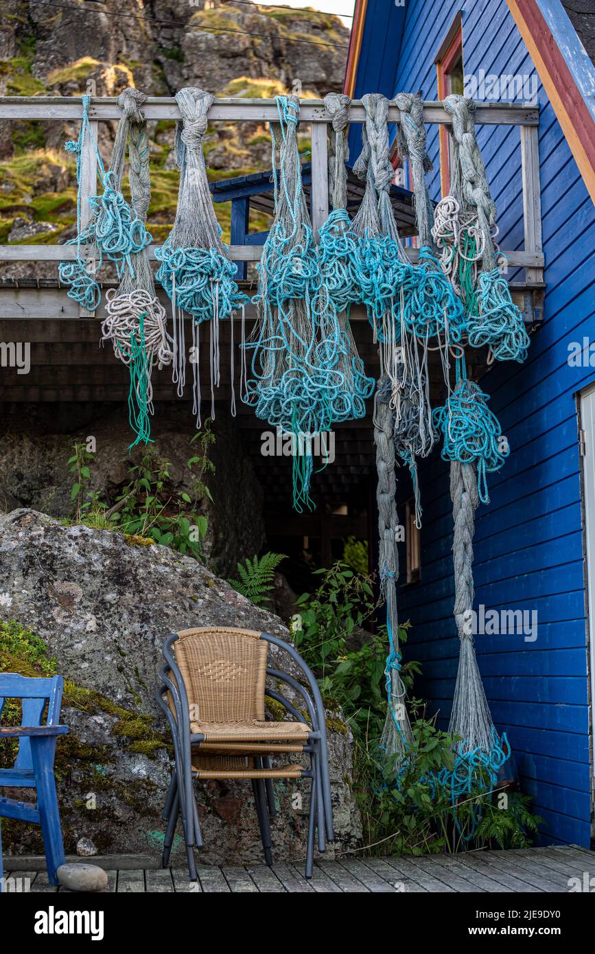 Fishing net drying in Kamøyvær, Nordkapp Municipality, Norway Stock Photo