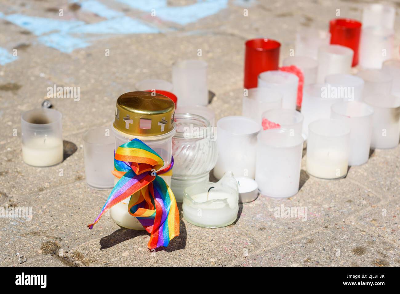 RIGA, LATVIA. 26th June 2022. Candles near Norwegian Embassy in Latvia to show solidarity with LGBT Norwegian community. Some of candles were destroyed. Credit: Gints Ivuskans/Alamy Live News Stock Photo