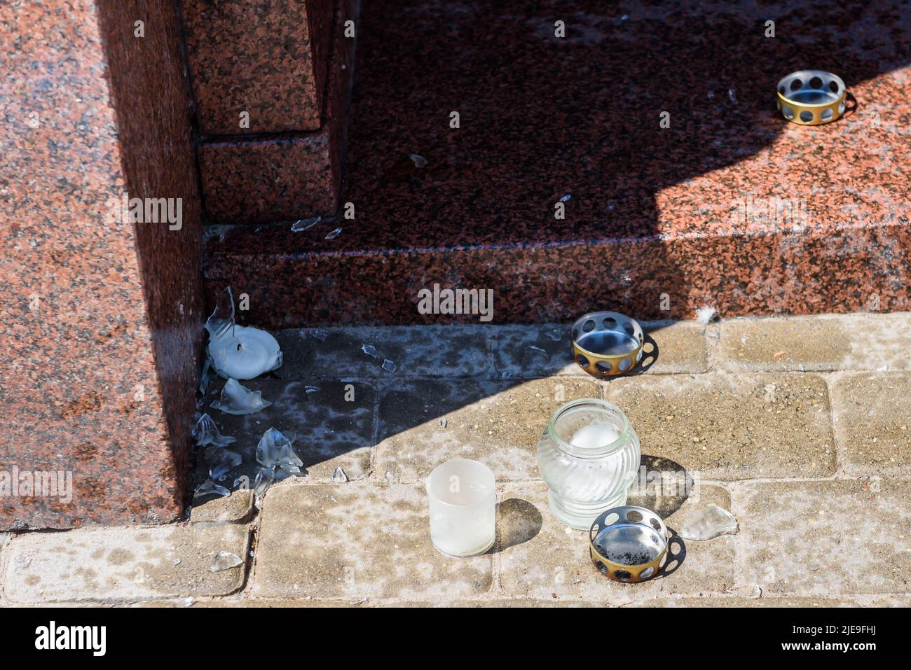 RIGA, LATVIA. 26th June 2022. Candles near Norwegian Embassy in Latvia to show solidarity with LGBT Norwegian community. Some of candles were destroyed. Credit: Gints Ivuskans/Alamy Live News Stock Photo