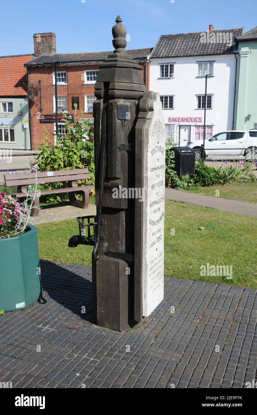 Pump, Attleborough, Norfolk. This pump was enclosed to  commemorate Queen Victoria's Jubilee in the 60th year of her reign in June 1897 and restored t Stock Photo