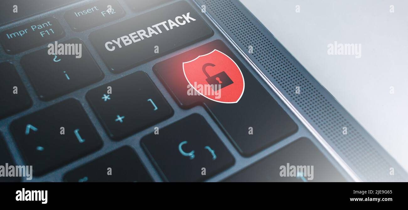 Banner of laptop keyboard with cyberattack warning button. Unlocked ...