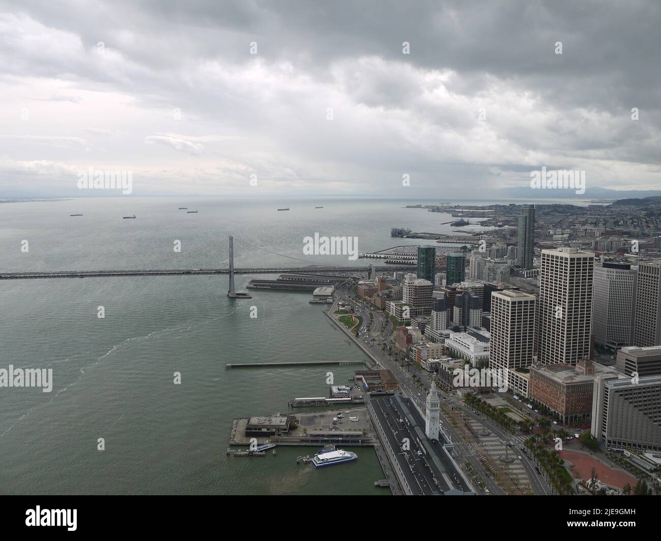 Ariel View of Bay Bridge and Ferry Building, San Francisco Stock Photo