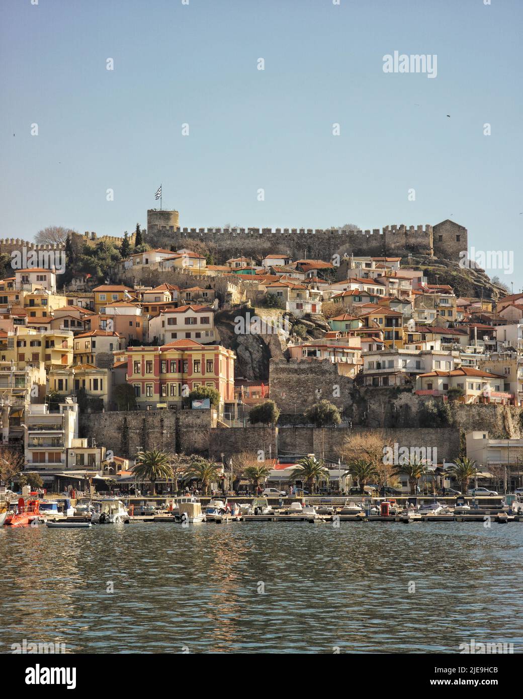 Kavala is a city of Greece, the second in the north of the country and the main port of eastern Macedonia, in the Kavala bay in front of the Tassos. Stock Photo