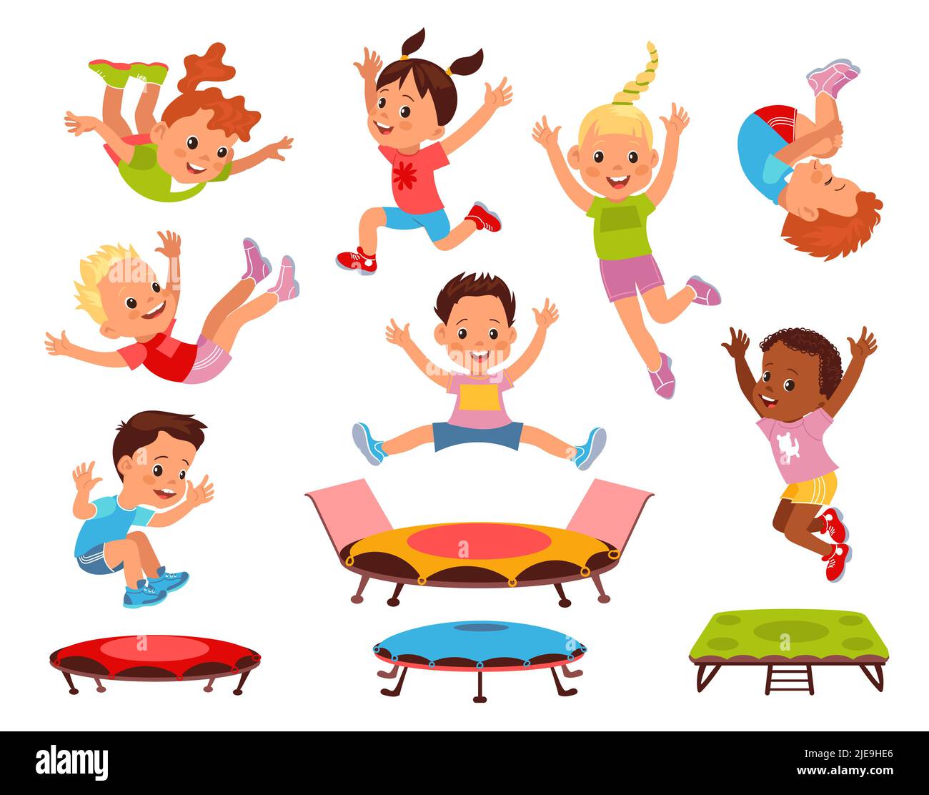 Cartoon children jumping on trampolines. Little boys and girls on playground. Kids activity. Energetic pastime. Teenagers bouncing and falling poses Stock Vector