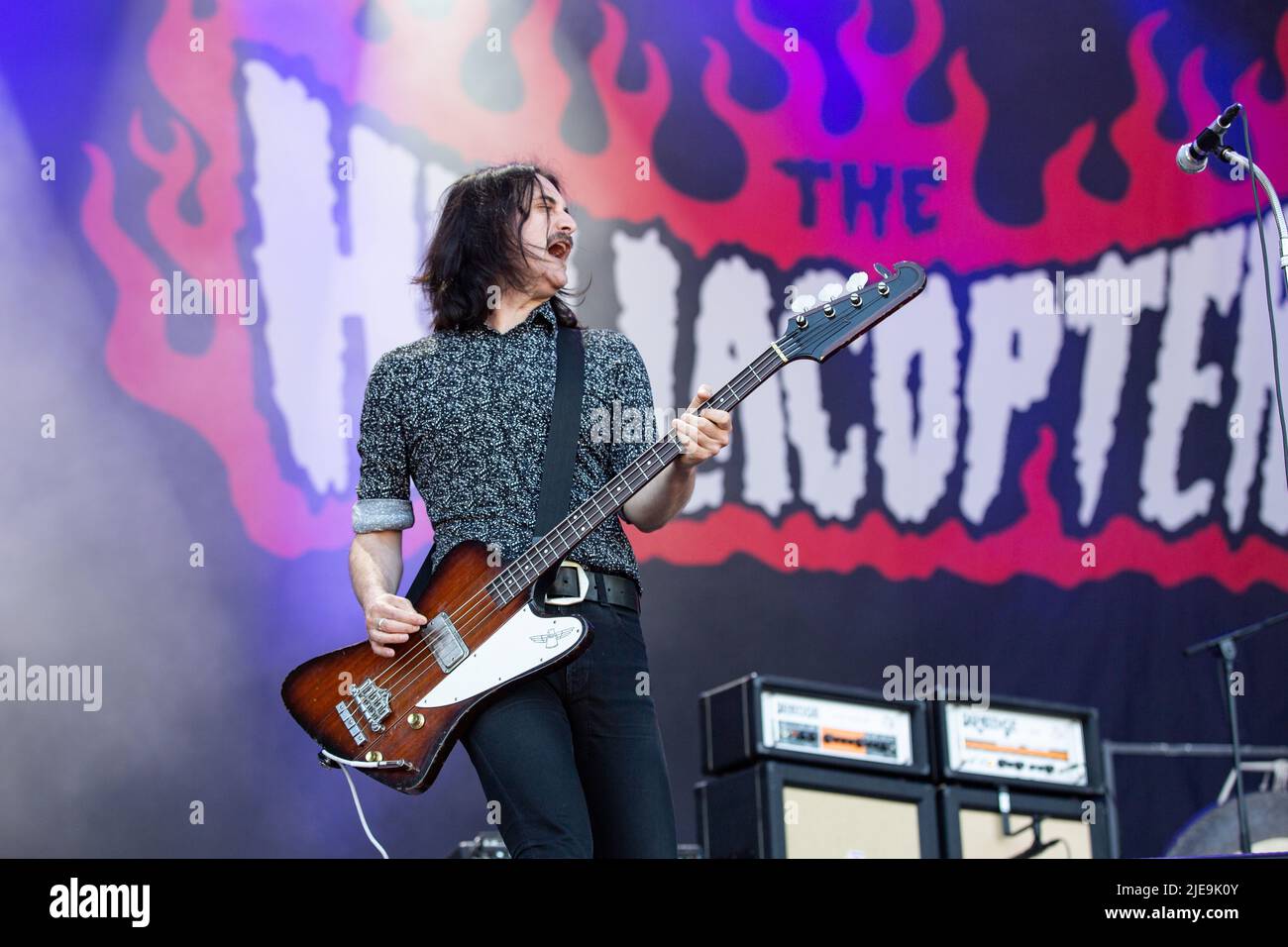 Oslo, Norway. 24th, June 2022. The Swedish hard rock band The Hellacopters performs a live concert during the Norwegian music festival Tons of Rock 2022 in Oslo. Here bass player Dolf DeBorst is seen live on stage. (Photo credit: Gonzales Photo - Per-Otto). Stock Photo