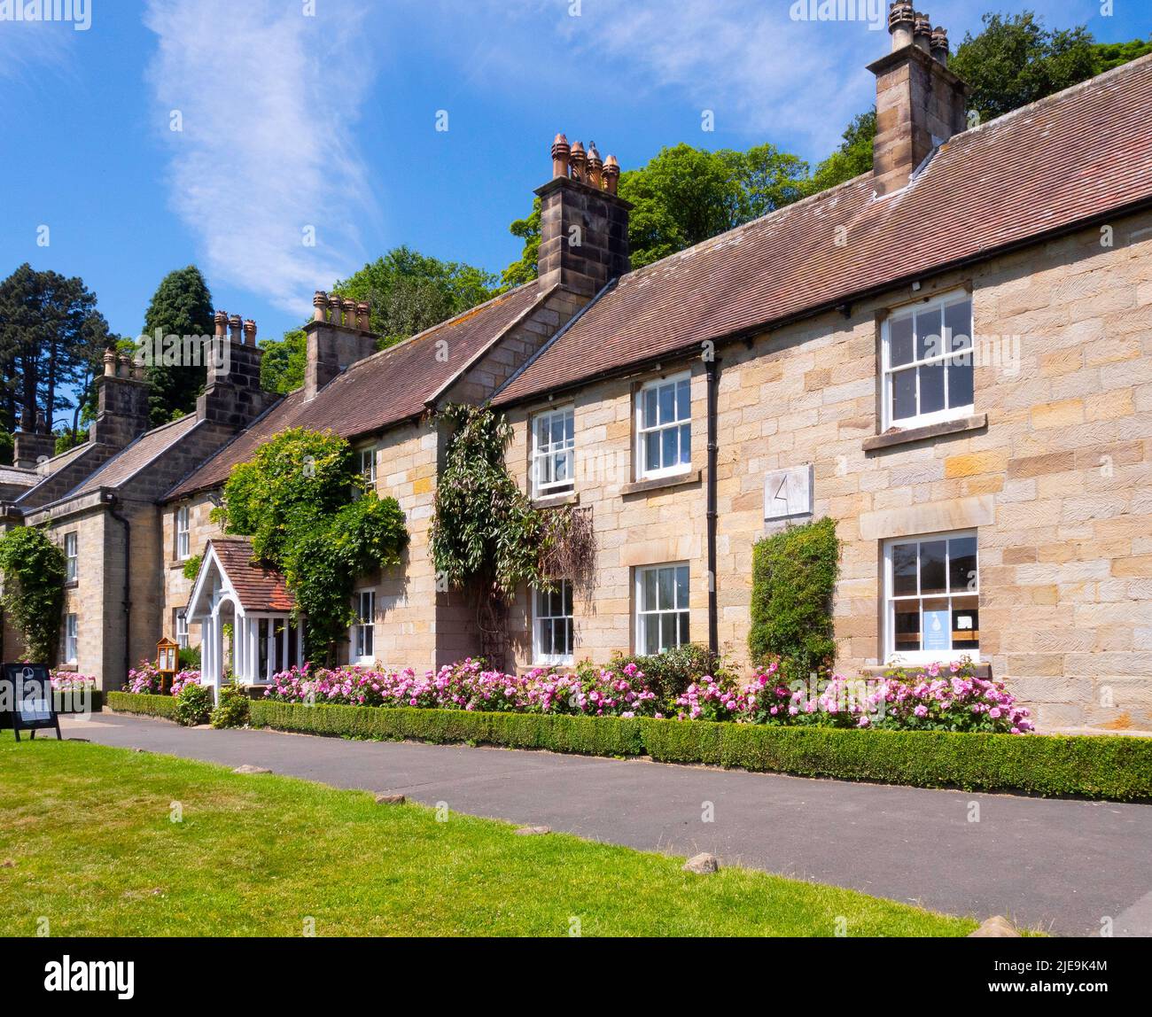 The Moors Centre, a resource centre, Art Gallery and tea room for the North Yorkshire Moors National Park at Danby with a dsplay of pink roses  in spr Stock Photo