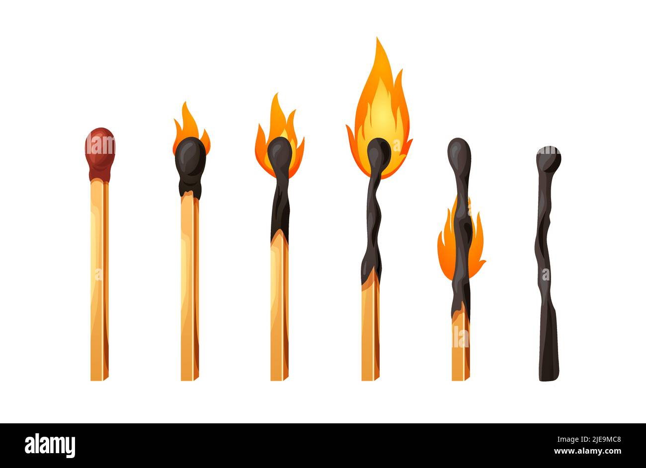 Burnt match stick with fire. Set of matchsticks with sulfur head