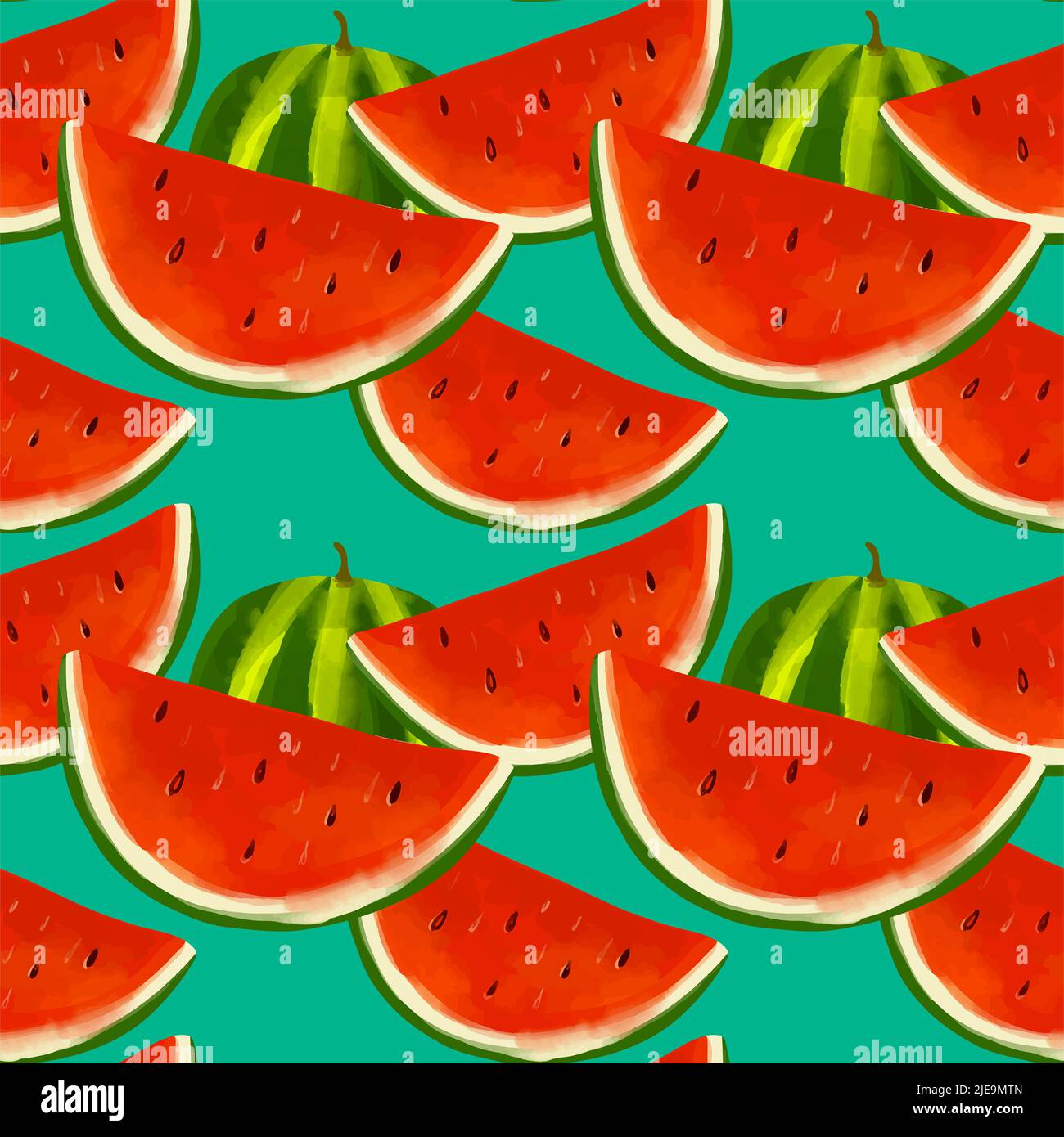 Summer seamless pattern with watermelon slices on blue background Stock Vector