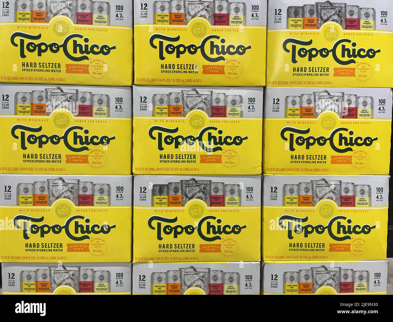 Indianapolis - Circa June 2022: Topo Chico Hard Seltzer display. Alcoholic seltzer sales, including Topo Chico Hard Seltzer, have skyrocketed and are Stock Photo