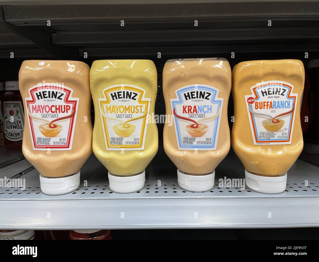 Indianapolis - Circa June 2022: Kraft Heinz MayoChup, MayoMust, KRanch and BuffaRanch mixed sauces by Heinz. Kraft Heinz is the fifth largest food com Stock Photo