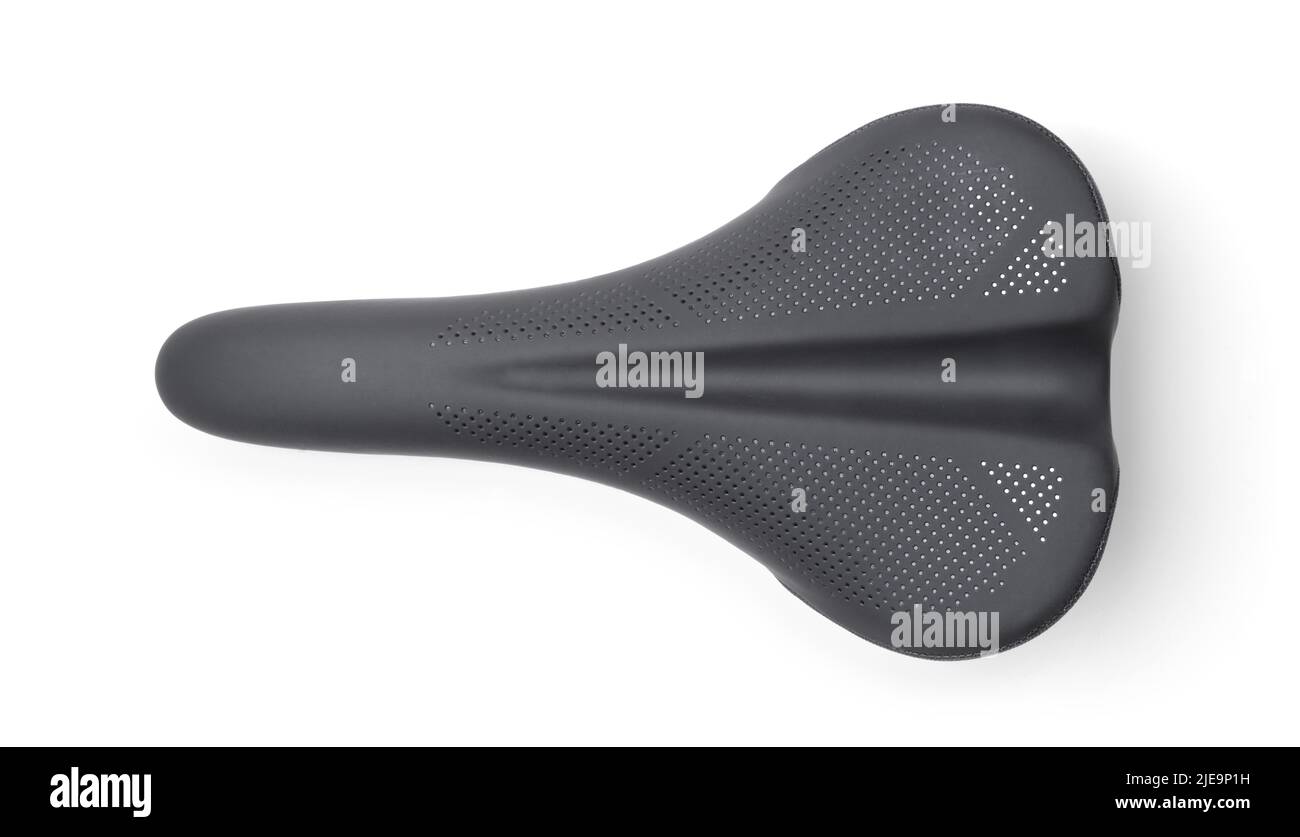 Black modern bicycle saddle isolated on white. Top view, with shadow. Stock Photo