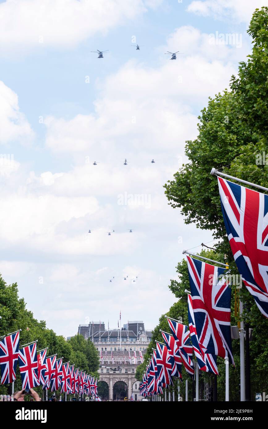 Platinum Jubilee Queen's Birthday Flypast after Trooping the Colour 2022. Helicopter section. Royal Navy Wildcat and Merlin helicopters leading RAF Stock Photo
