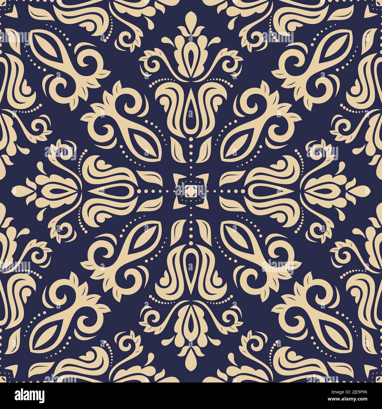 Classic seamless vector pattern. Damask orient dark blue and yellow ...