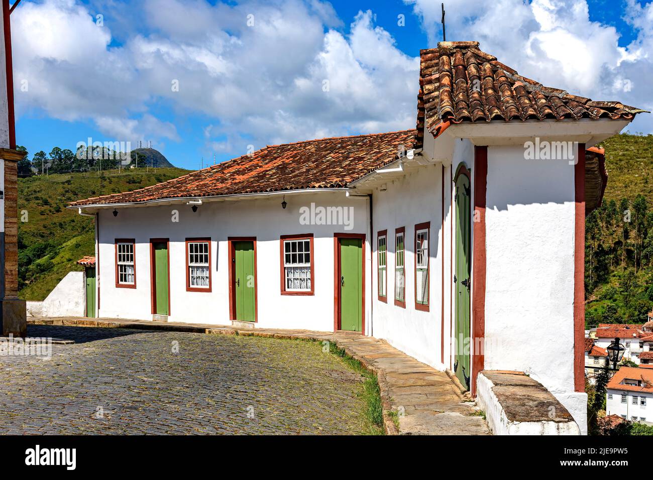 Cobblestone streets of Ouro Preto with old colonial-style houses in the state of Minas Gerais Stock Photo