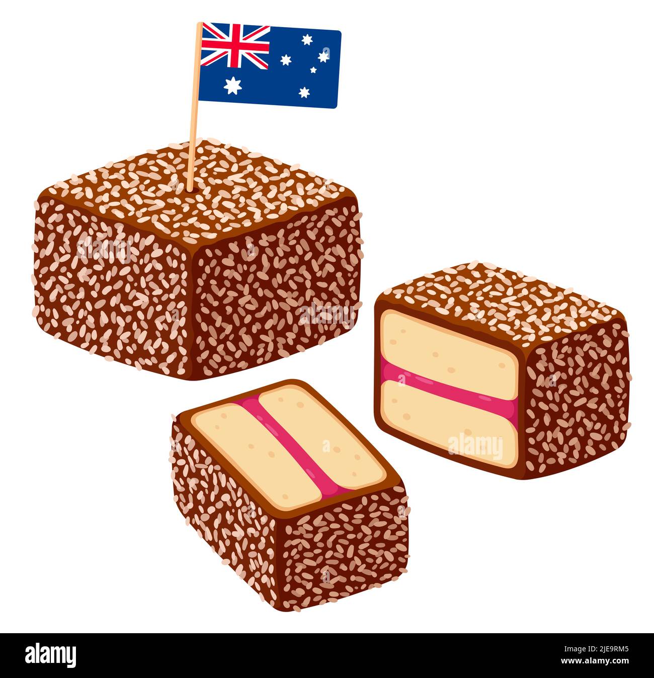 Lamington, traditional Australian dessert. Sponge cake with lstrawberry jam covered in chocolate and coconut. Aussie flag for Lamington day. Vector cl Stock Vector