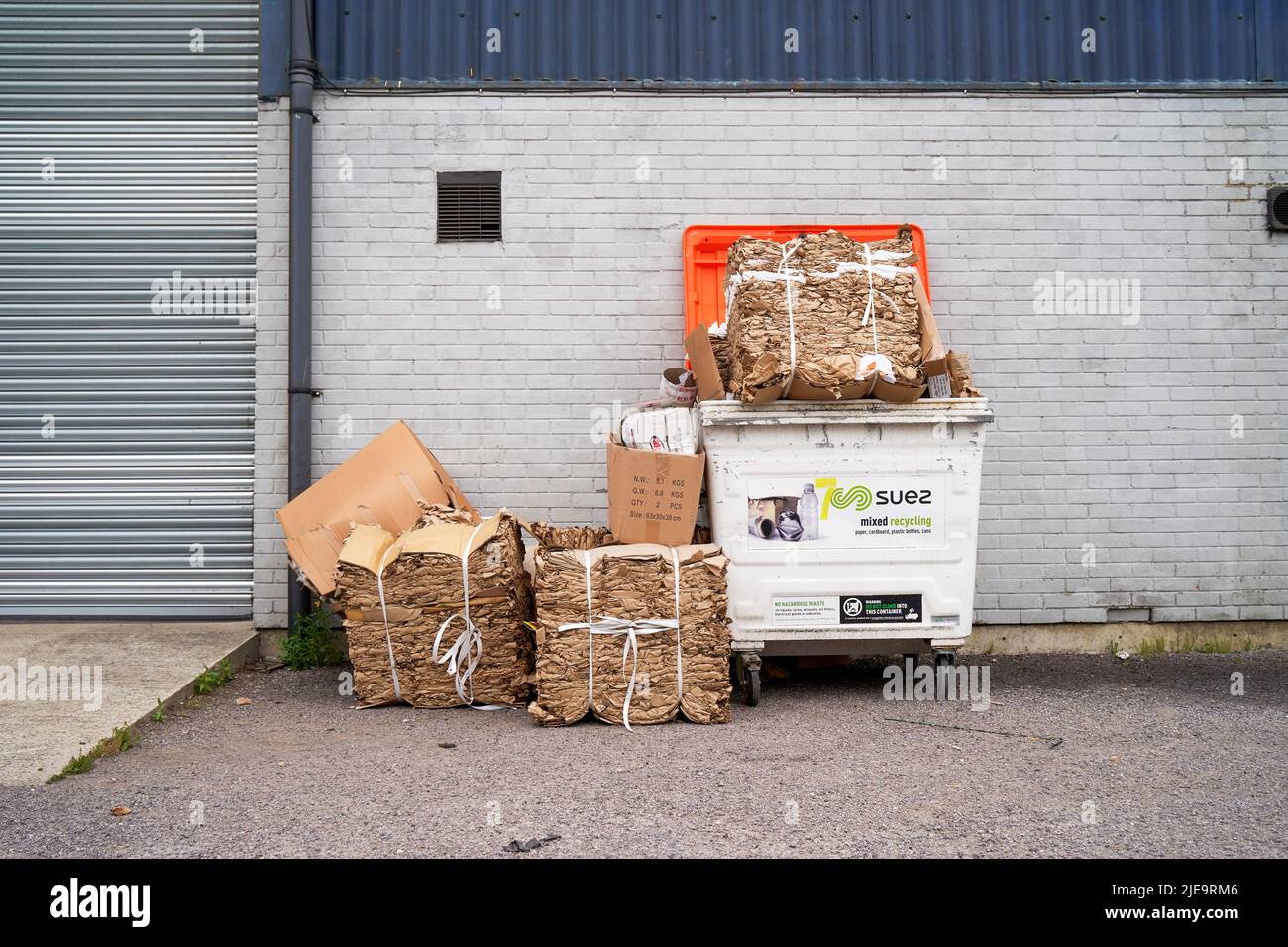 Compacted bales of waste paper and cardboard for recycling Stock Photo