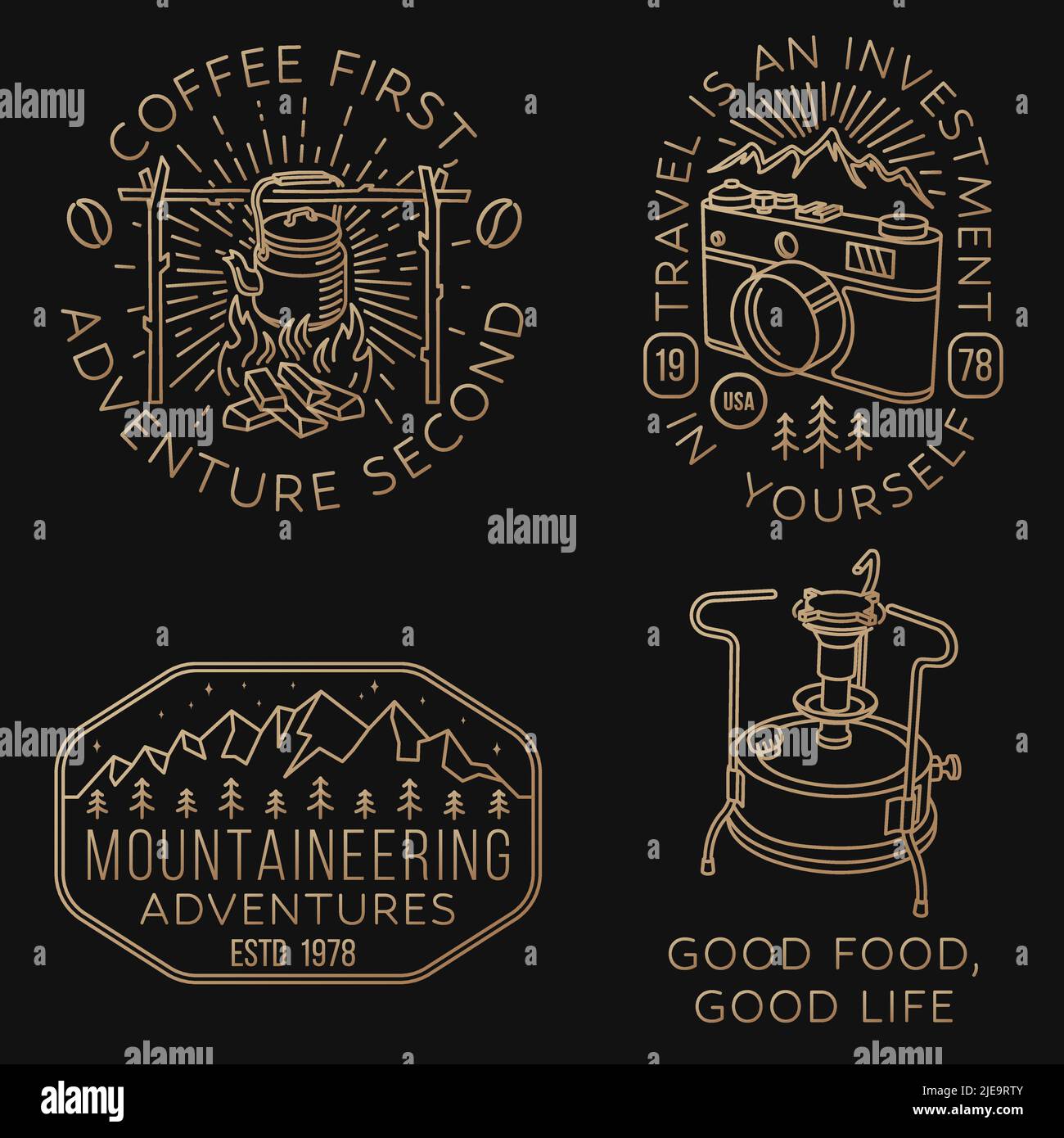 Set of travel inspirational quotes. Vector Concept for shirt or logo, print, stamp. Vintage line art design with retro photo camera, primus, camping Stock Vector
