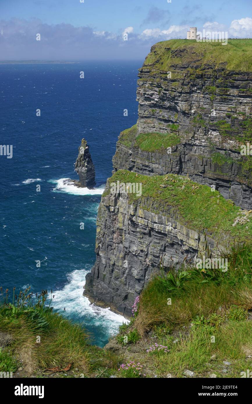 Lahinch, Co. Clare, Ireland: O’Brien’s Tower on top of the Cliffs of Moher, sea cliffs located at the southwestern edge of the Burren region. Stock Photo