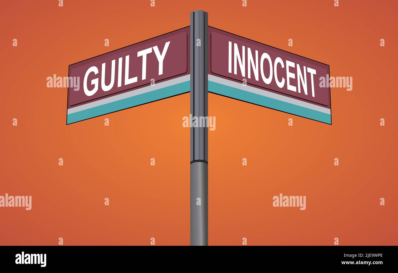 Guilty on one side with Innocent another direction, chrome road sign, with read and green direction arrow labels, Halloween Orange Background. Stock Vector