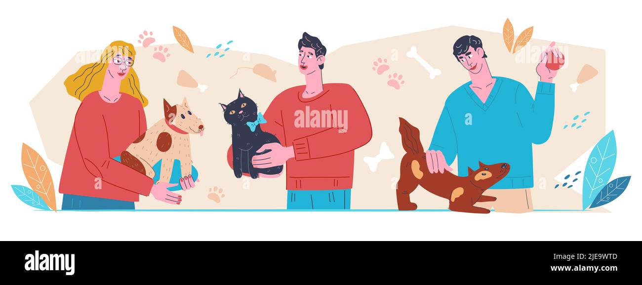 People loving and caring for domestic animals, pets and owners characters for any topic of veterinary and pets, health and care flat vector isolated o Stock Vector