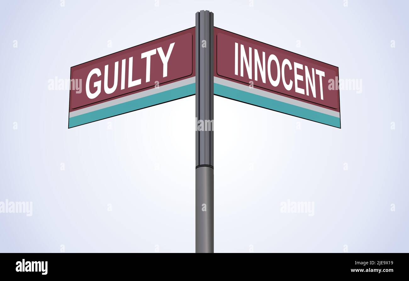 Guilty on one side with Innocent another direction, chrome road sign, with read and green direction arrow labels, Blue Chalk Background. Stock Vector