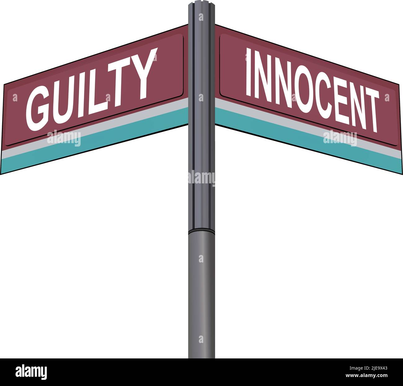 Guilty on one side with Innocent another direction, chrome road sign, with read and green direction arrow labels, White Background. Stock Vector