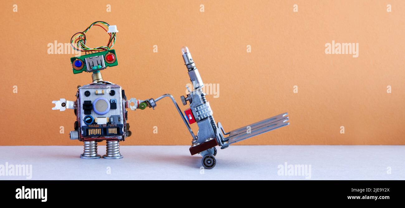 Courier package service. Robot porter shipper loader deliveryman with empty forklift vehicle. Parcel shipping concept. Automation robotic delivery tec Stock Photo