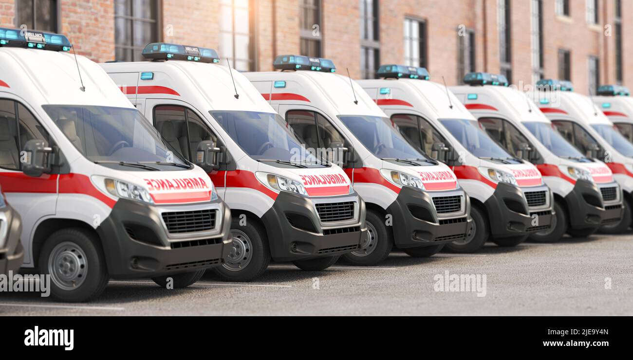 Ambulance cars in a row on a parking of hospital. 3d illustration Stock Photo