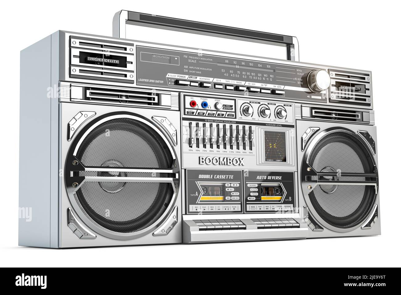 Retro ghetto blaster boombox, radio and audio tape recorder isolated on white. 3d illustration Stock Photo