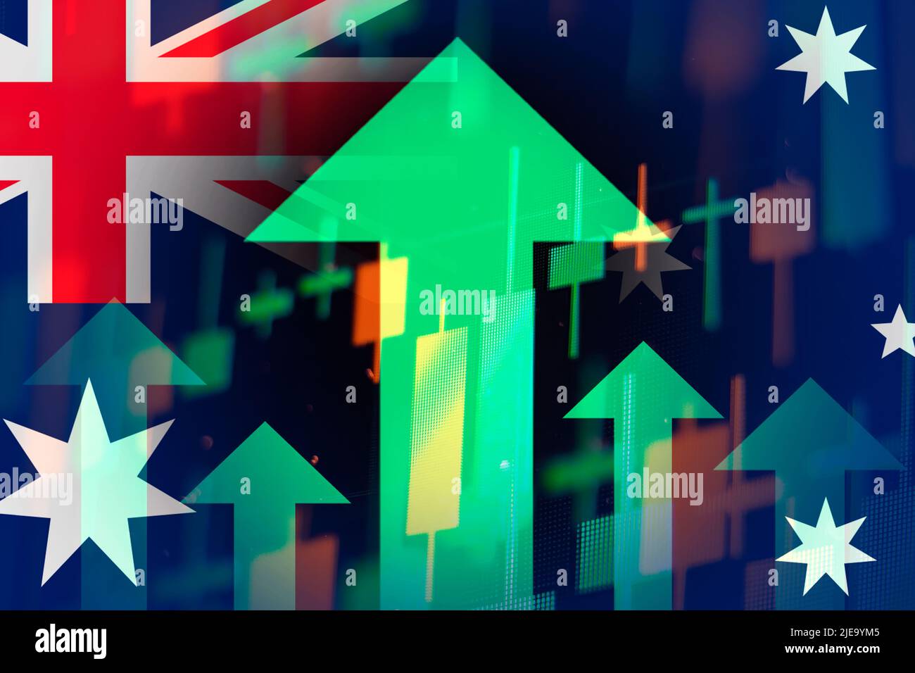 Increasing green arrows showing improvements in the economy or growth of stocks on the stock exchange in Australia  Stock Photo